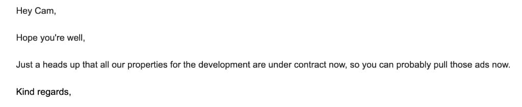 Email from JRA confirming all properties in the development are under contract